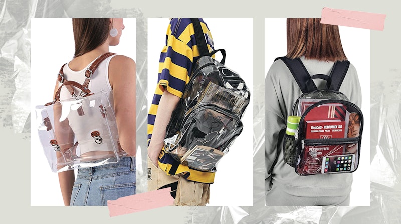 A collage of three photos featuring models wearing some of the best clear backpacks on Amazon.