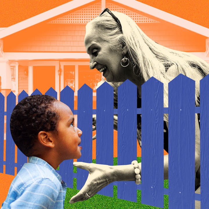 A collage of a kid and his mom with a blue fence between them represents the kid's boundaries