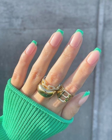 Green square french tip nails