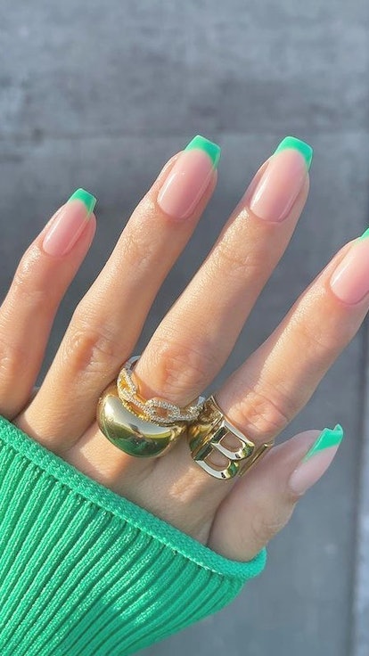 Green square french tip nails