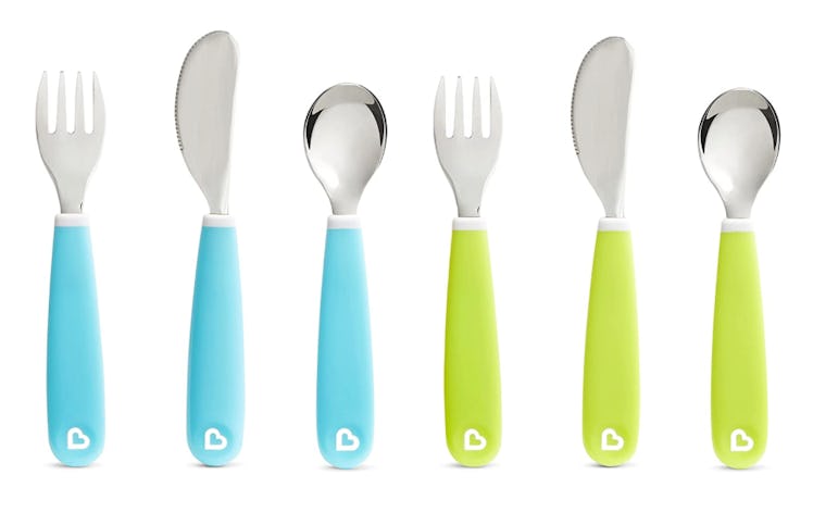 Teal and green handed stainless steel toddler utensils
