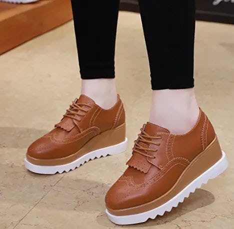 DADAWEN Fashion Tassels Square-Toe Lace-up Platform Wedge Oxford