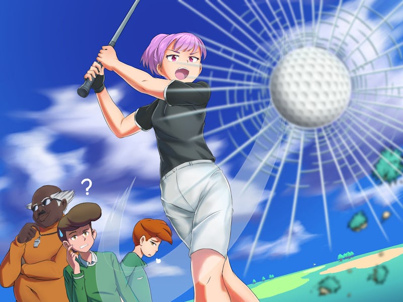Nintendo RPG - an animated girl character in a black shirt hitting a golf ball with a club 
