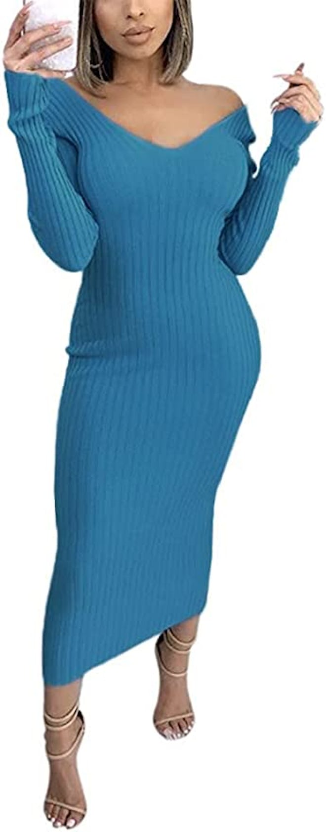PerZeal Off Shoulder Long Sleeve Knit Maxi Dress