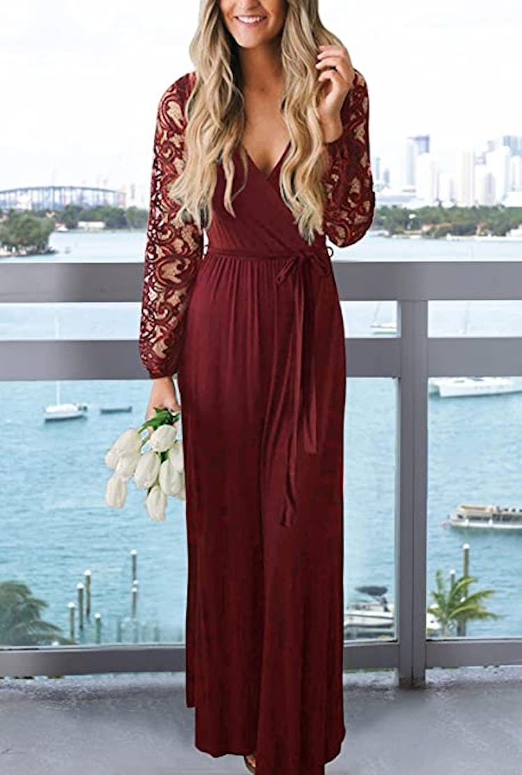 Zattcas Floral Lace Faux Wrap Maxi Dress