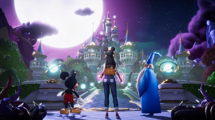 Disney Dreamlight Valley character standing with Mickey Mouse and Merlin looking at the Disney Castl...