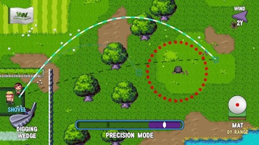 Screenshot from the gameplay of a "Golf Play" game on a Nintendo Switch with a player shooting a gol...