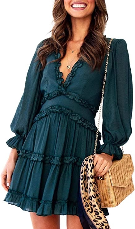 Dokotoo Deep V Neck Ruffle Dress