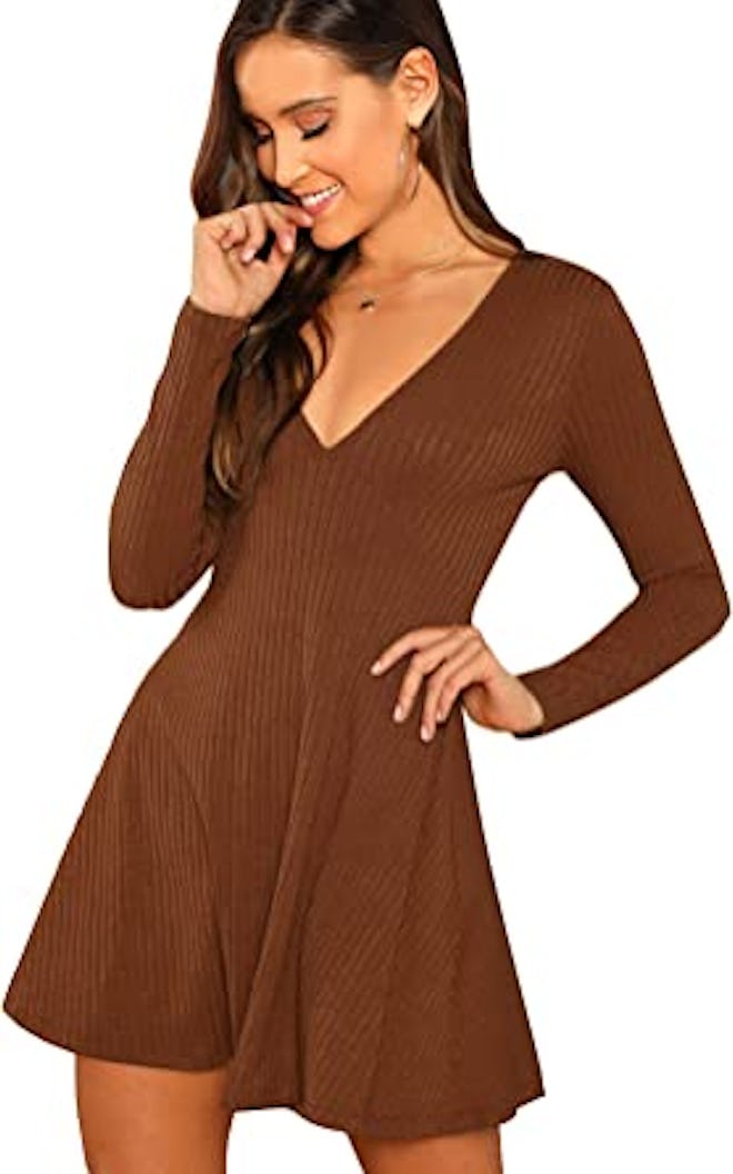 Verdusa Long Sleeve Ribbed Skater Dress