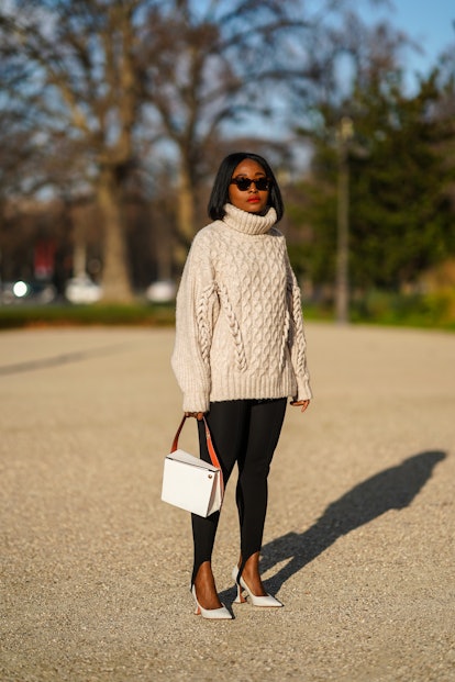 street style stirrup pants and sweater