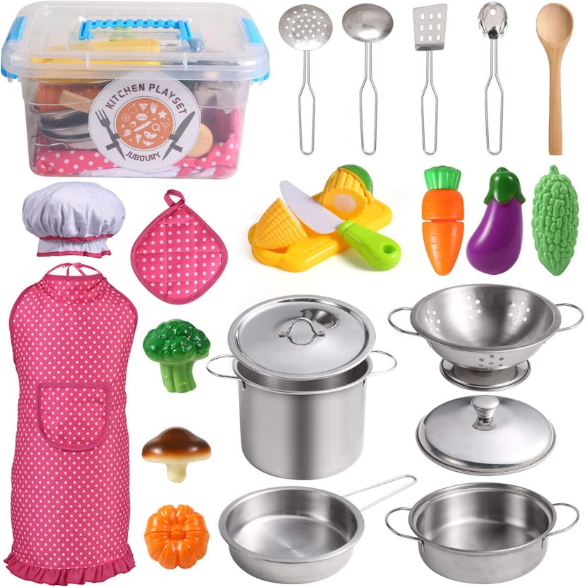 Juboury Kitchen Pretend Play Toys with Stainless Steel Pots and Pans Set (23 Pieces)