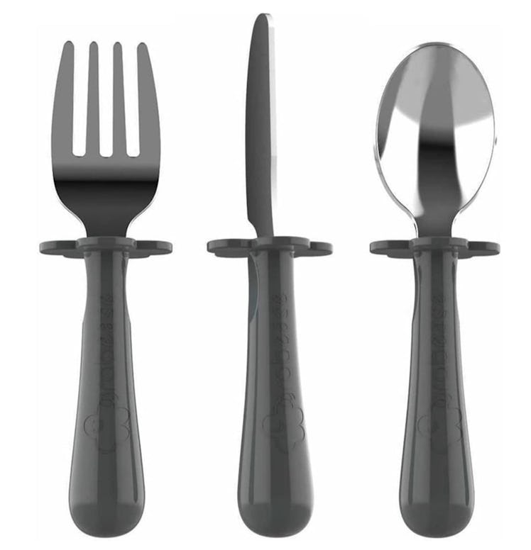 Gray plastic and stainless steel grabease toddler cutlery