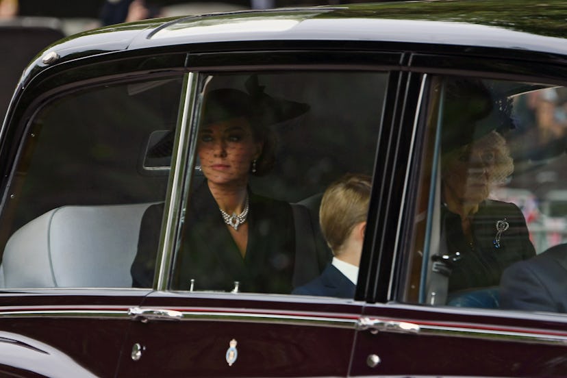 The Princess of Wales arrives at Westminster Abbey for the Queen's funeral. 