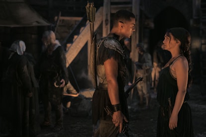 Nazanin Boniadi as Bronwyn, and Ismael Cruz Córdova as Arondir in 'The Rings of Power"