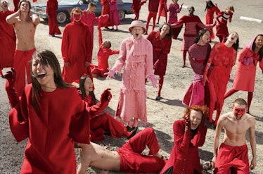 Models posing for the “Cult Classics” shoot for W Magazine, wearing different shades of red and pink
