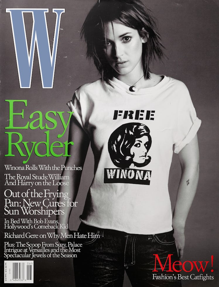 Winona Ryder posing in a Free Winona T-shirt on the cover of W Magazine.