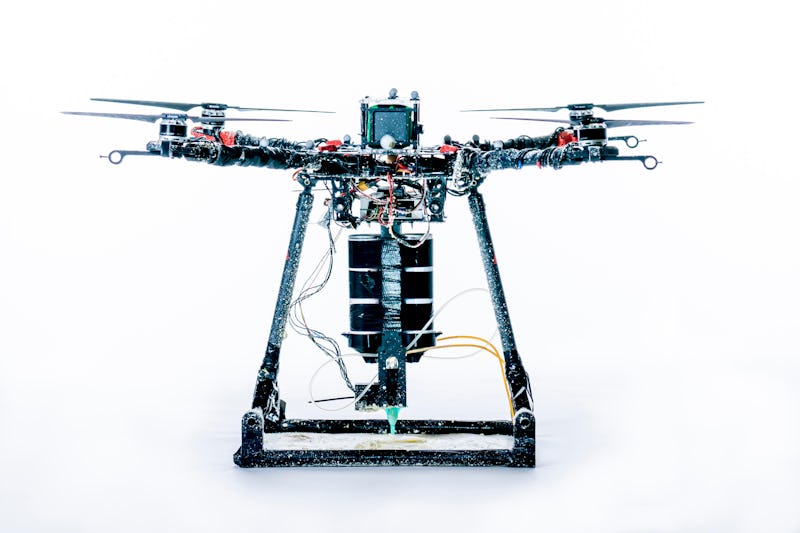 An up close of BuilDrone, a drone that 3D prints material to create structures