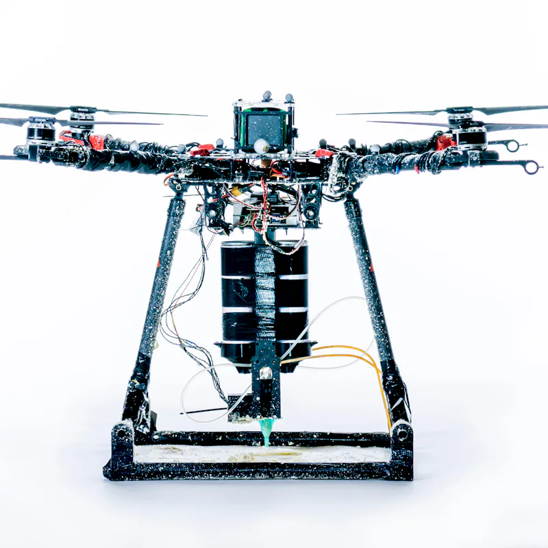 An up close of BuilDrone, a drone that 3D prints material to create structures