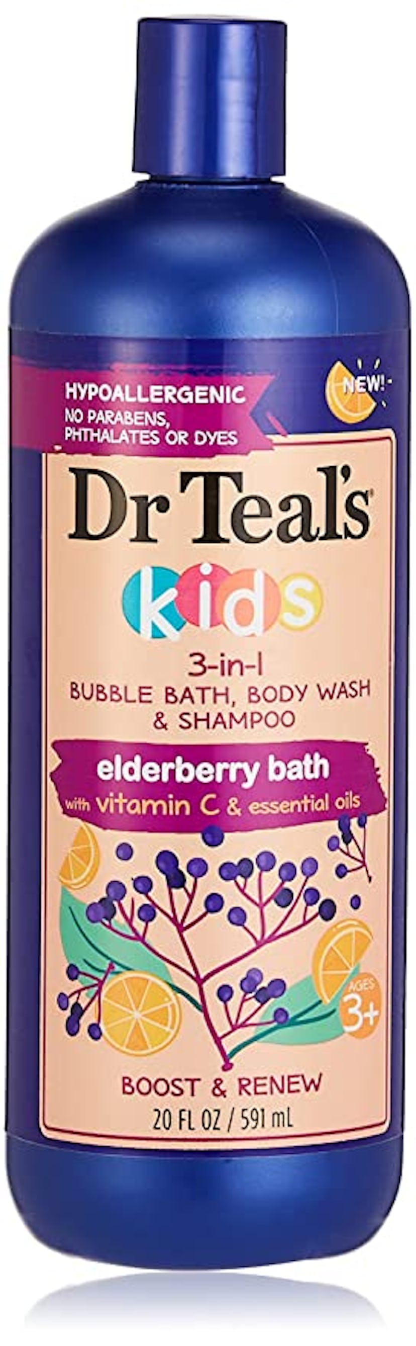 Dr Teal's Kids 3-in-1 Elderberry Bubble Bath, Body Wash & Shampoo (20 Oz.)
