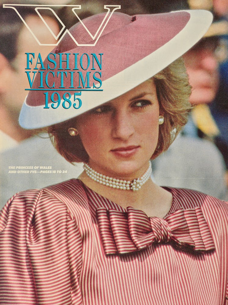 Princess Dian in a pink-white hat and pink-white striped satin blouse a on the cover of W Magazine