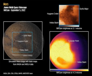 Map of Mars' eastern hemisphere, inset with false-color infrared images in two wavelengths.