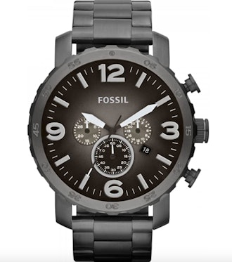 This sleek stainless steel waterproof watch features a military-inspired design.