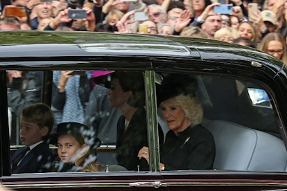 Charlotte riding with her step grandmother, Queen Consort Camilla, her mother, Duchess Kate, and her...