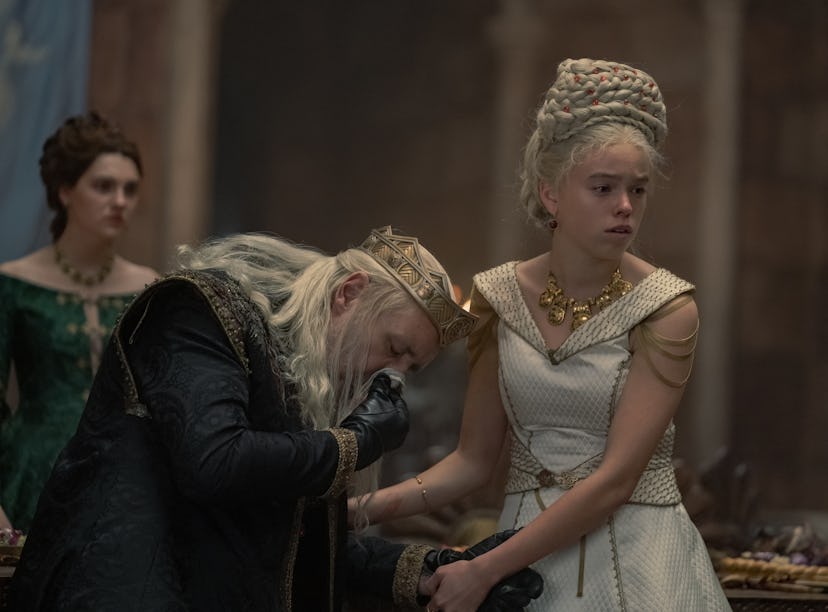Paddy Considine and Milly Alcock as Viserys and Rhaenrya Targaryen in House of the Dragon