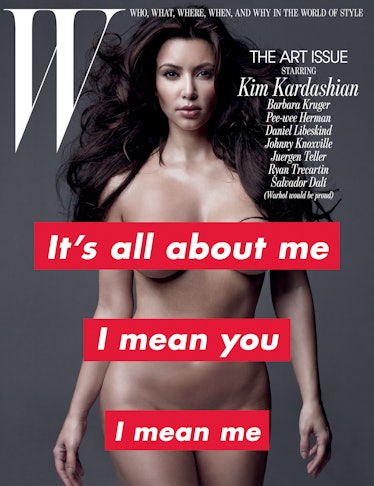 Kim Kardashian on the cover of W Magazine nude with text covering certain body parts 'It's all about...