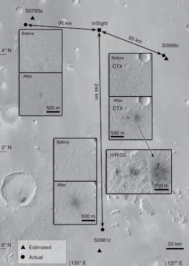 Grayscale satellite view of the Martian surface, with craters highlighted in insets.
