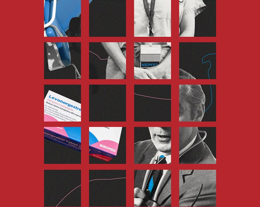 A collage with a gynecologist, a midwife and a box of emergency contraceptives