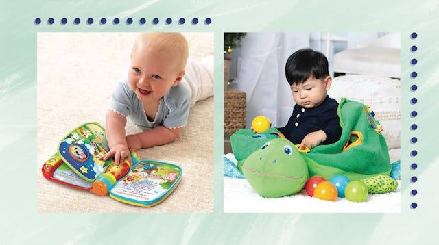 Best gifts for an 8-month-old. Two babies, one with a musical rhymes book and the other with a turtl...