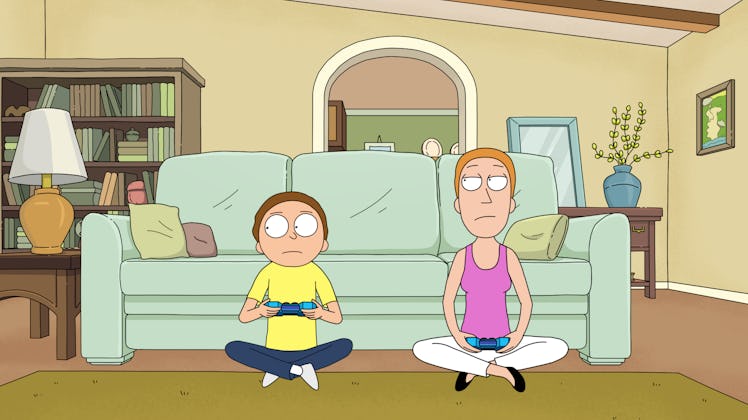 Moments after witnessing his mother’s affair, Morty plays video games.