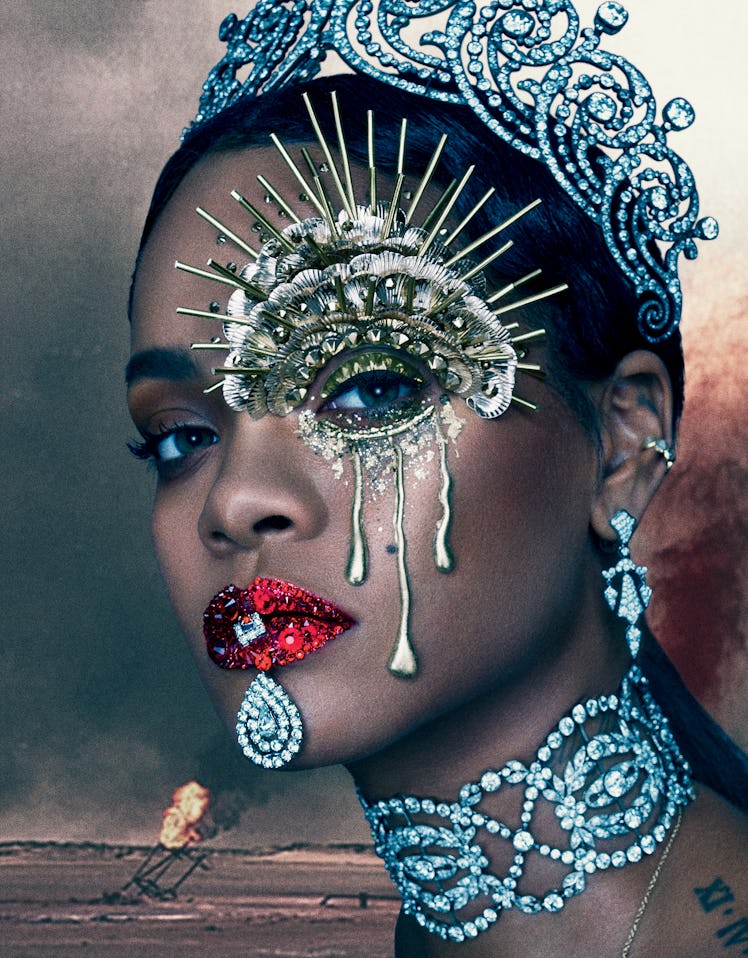 Rihanna with a diamond choker and tiara and gemstone elements on her lips and on one eye