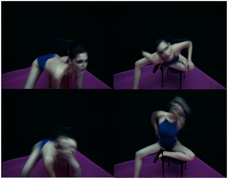 A four-part collage of a model posing in a purple bodysuit