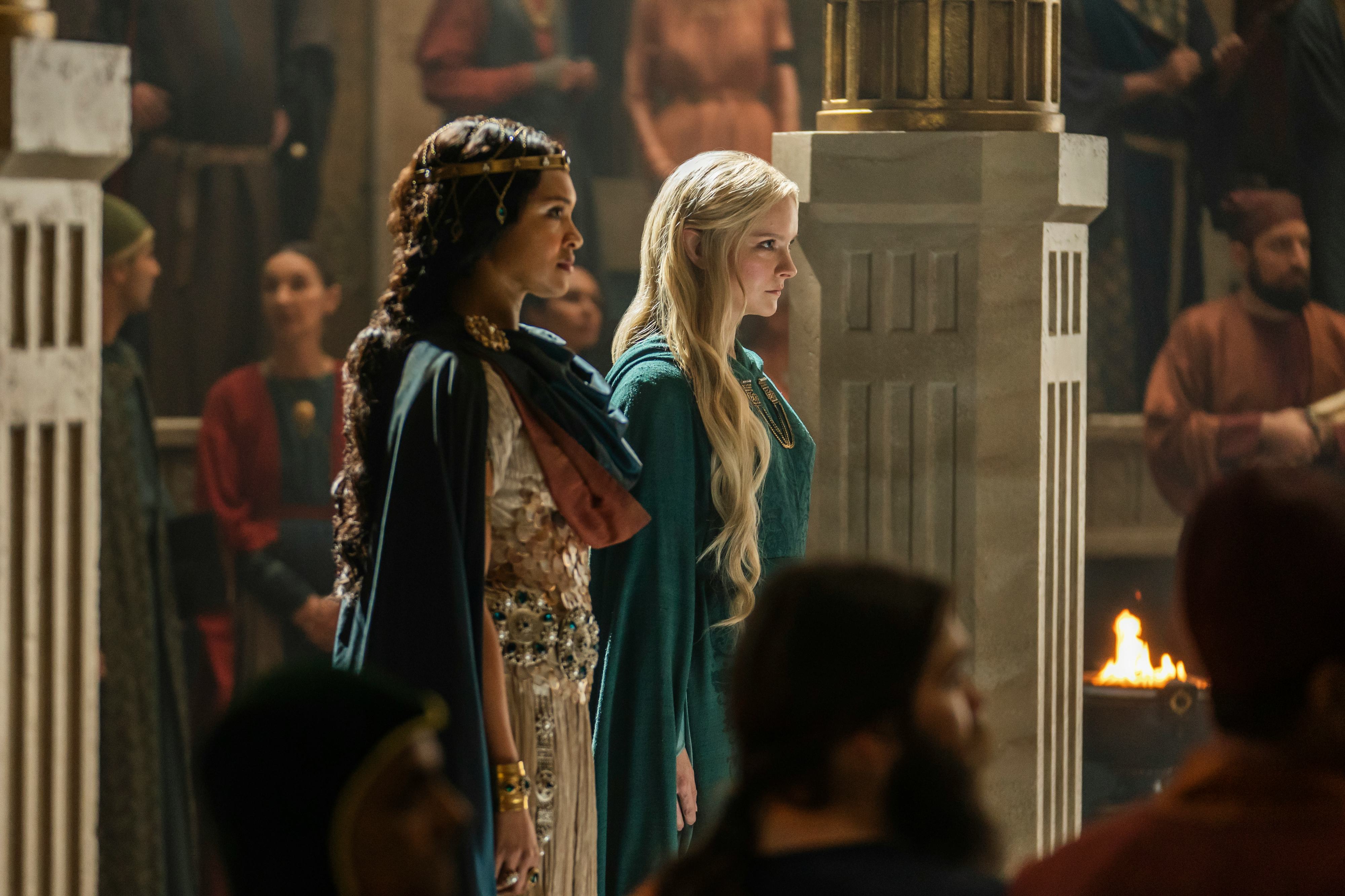 Morfydd Clark as Galadriel and Cynthia Addai-Robinson as Queen Miriel in 'The Rings of Power'
