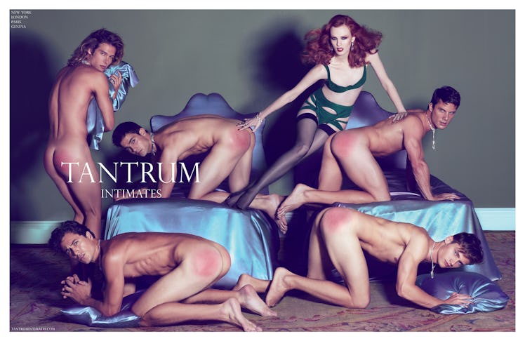 Tantrum Intimates with a model in green underwear and five nude men posing 