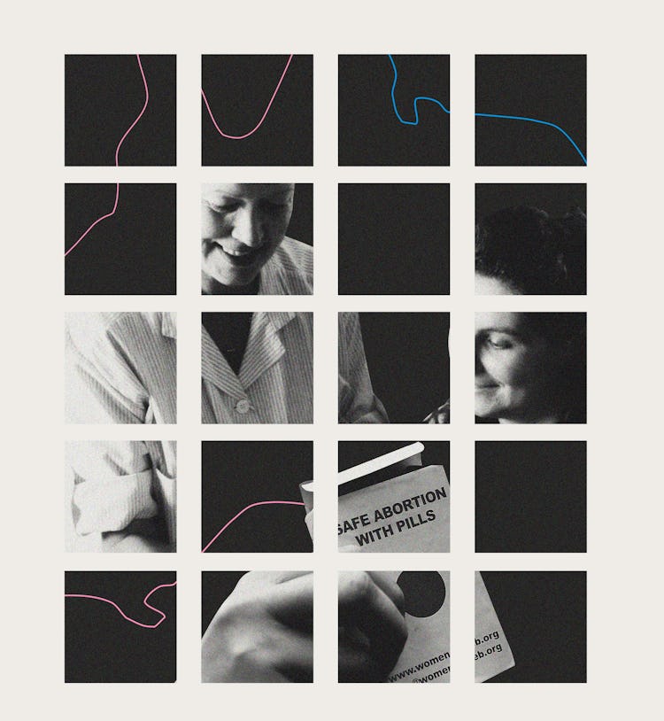 A collage with a midwife giving a box reading: 'safe abortion with pills,' to a woman