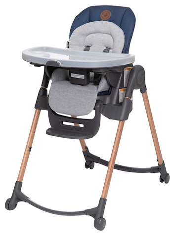 Navy and gray baby highchair on wheels