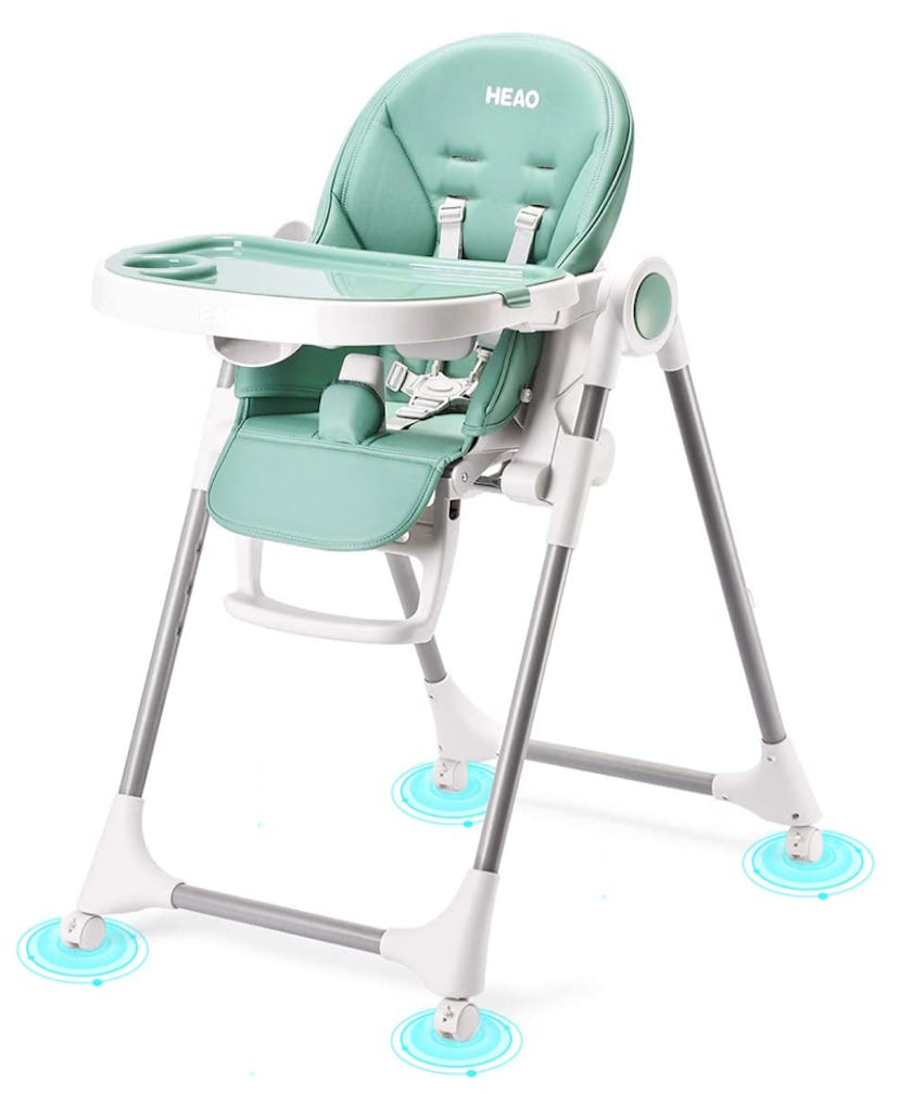 Mint green and gray baby highchair on wheels