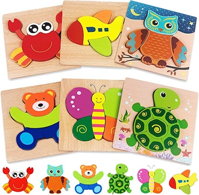 The Hrayipt 6-Pack Wooden Animal Puzzles is one of the best gifts for 2-year-olds.