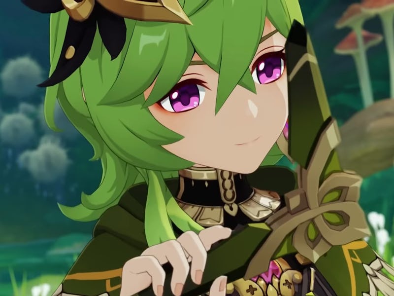 Collei examining her bow in Genshin Impact