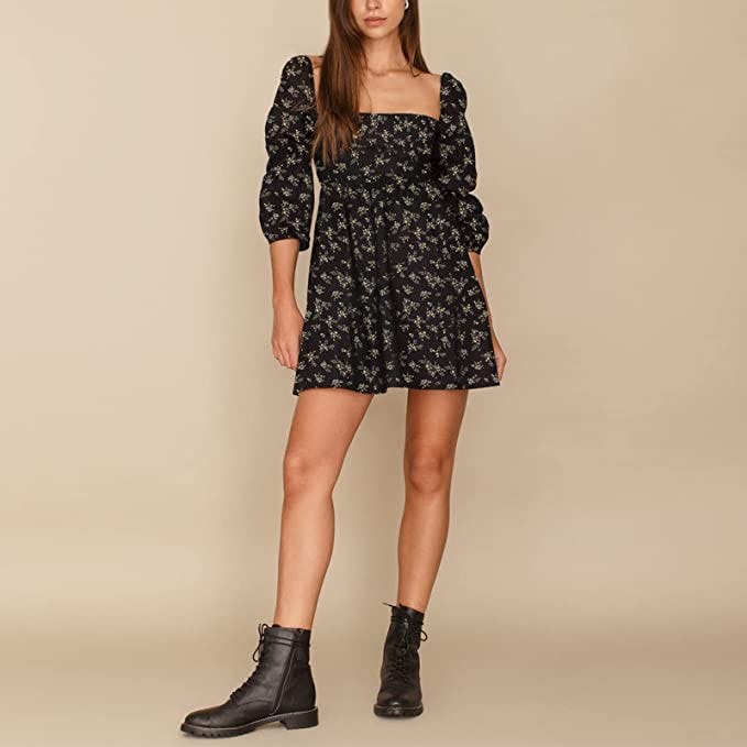 EXLURA Square Neck Puff Sleeve Dress