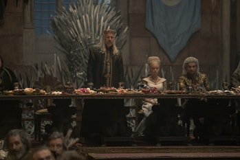 Paddy Considine as King Viserys I Targaryen, Milly Alcock as Rhaenyra Targaryen, and John Macmillan ...