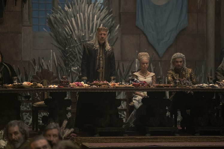 Paddy Considine as King Viserys I Targaryen, Milly Alcock as Rhaenyra Targaryen, and John Macmillan ...