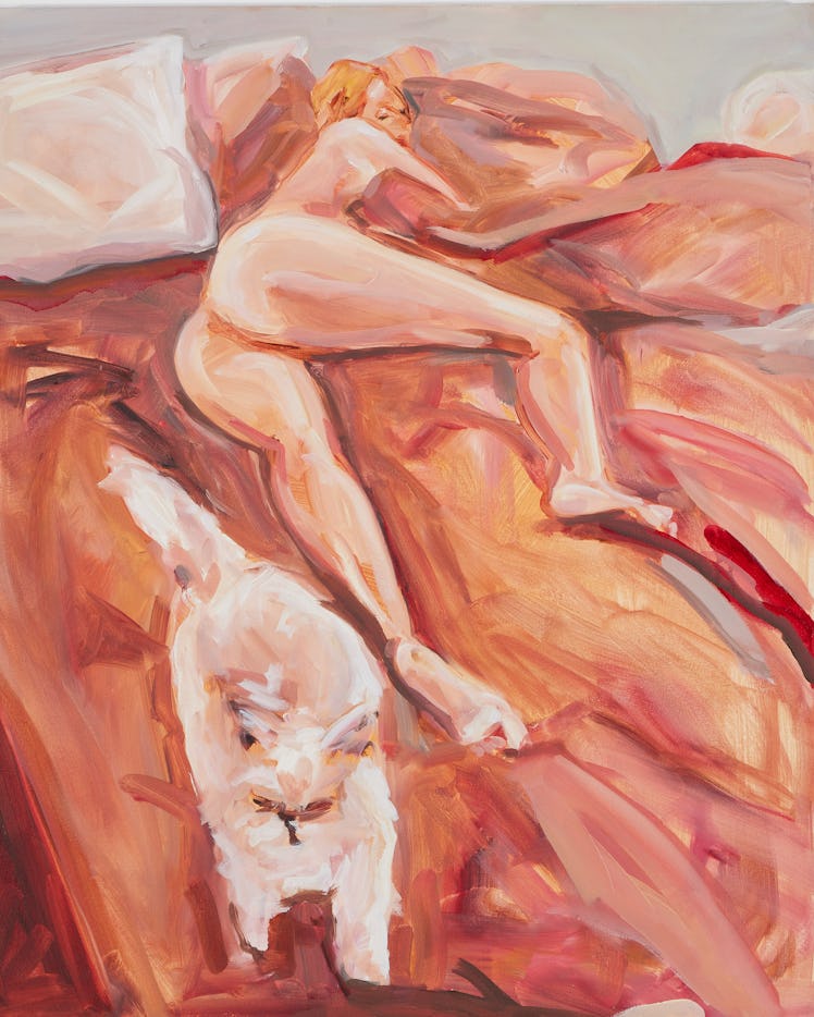 A painting of a naked person laying on a bed with a cat