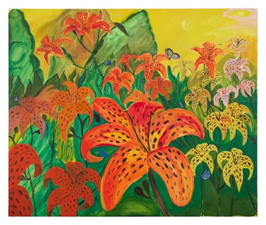 A brightly colored Anna Thibault painting of green and orange flora and fauna
