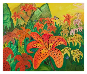 Just how @jerrygogosian Became a Sotheby’s Curator 2 A brightly colored Anna Thibault painting of green and orange flora and fauna