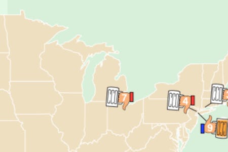 Close of a map showing best beer cities and worst