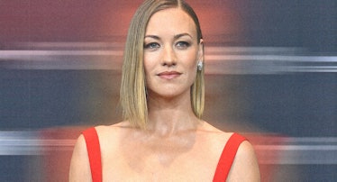 Yvonne Strahovski in a red dress, with a blue and red image treatement